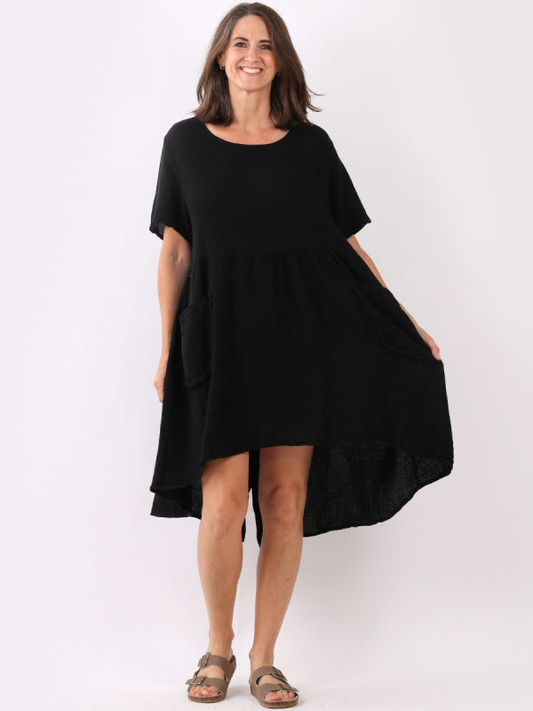 Made In Italy Plain Vintage Washed Linen Lagenlook Swing Midi Dress