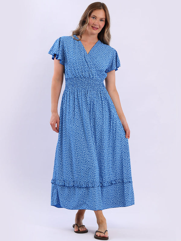 Smocked Floral Dress Royal Blue