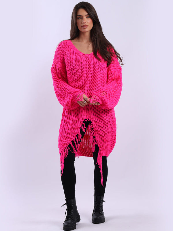 Women Ribbed Neck Fringed Long Knit Jumper