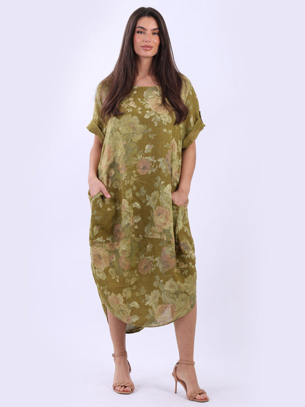 Floral Print Oversized Round Hem Linen Midi Dress
