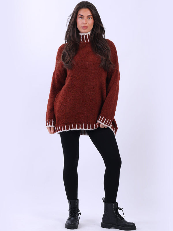 Women Contrast Stitch Woolen Knit Jumper