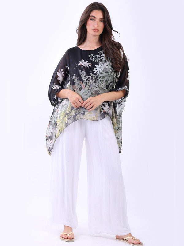 Batwing Floral Silk Top Black