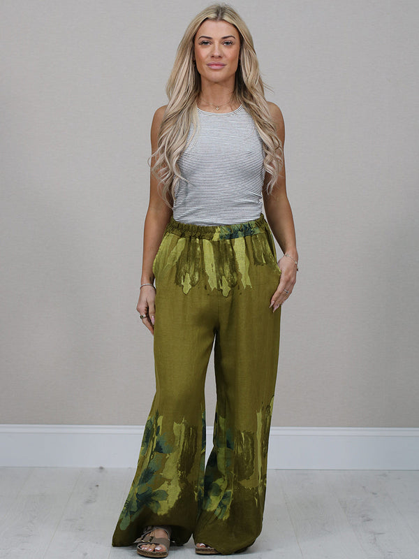 Floral Linen Pant Olive