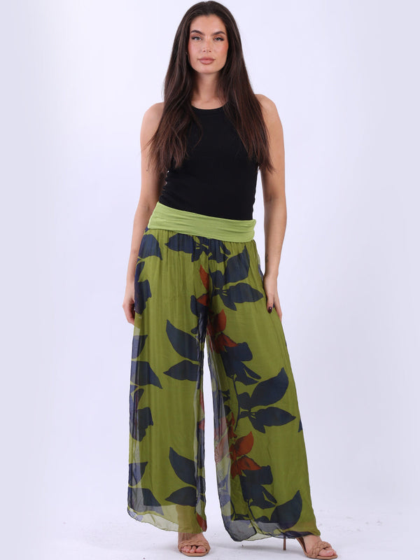 Women Floral Print Silk Wide Legs Palazzo Pants