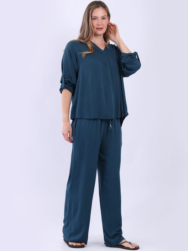 Made In Italy V-Neck Tabbed Sleeves Solid Crop Top