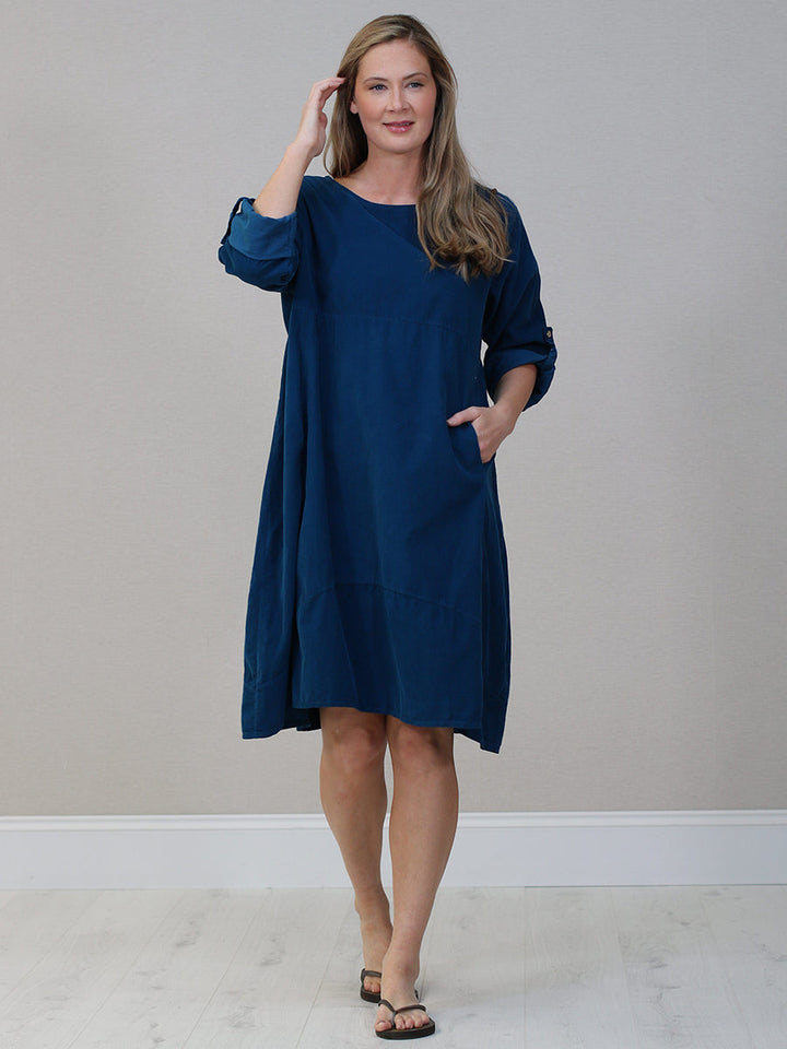 Solid Corduroy Cotton Midi Dress Teal