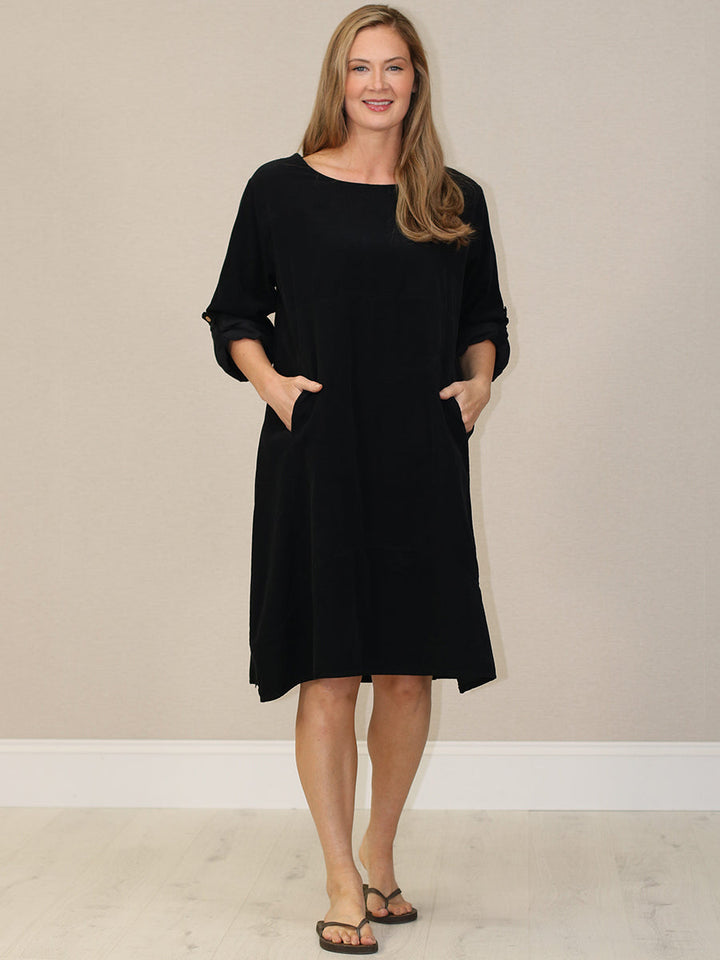 Solid Corduroy Cotton Midi Dress Black