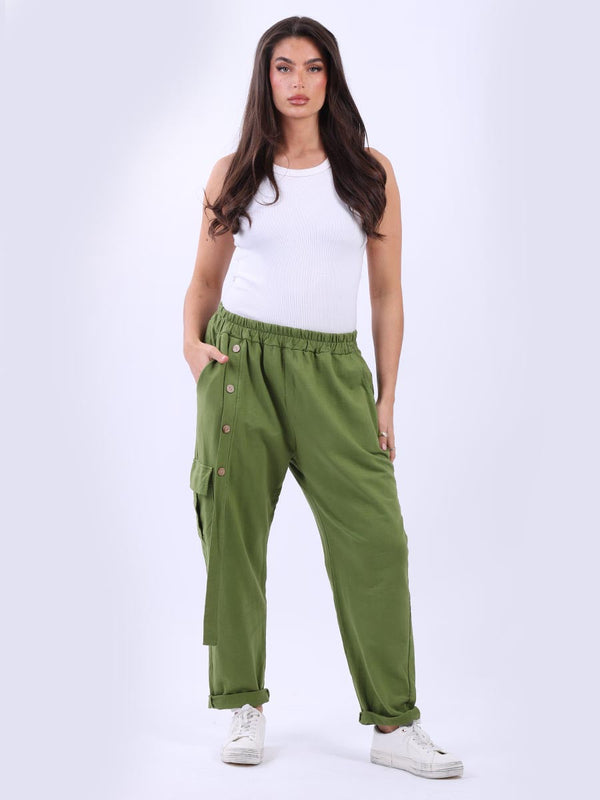 Ladies Relaxed Fit Buttoned Detail Solid Cotton Pant