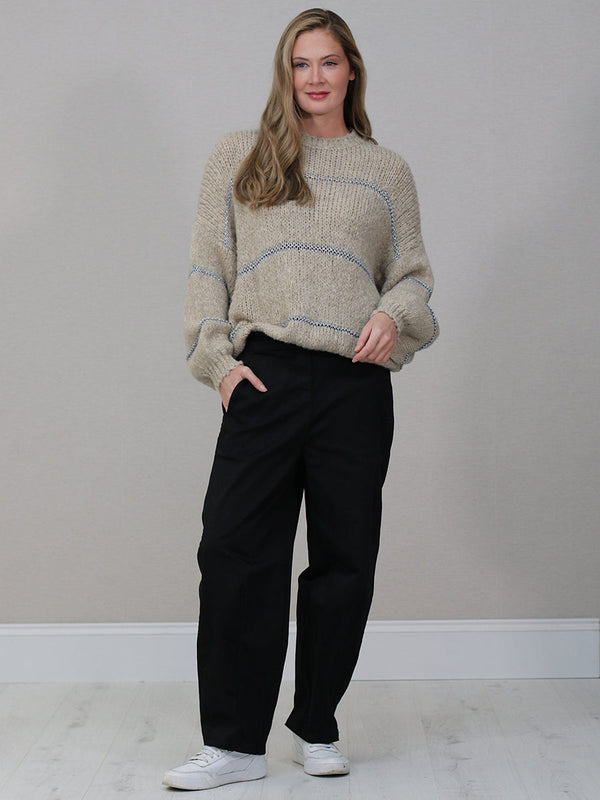 Stripy Batwing Wool Jumper Beige