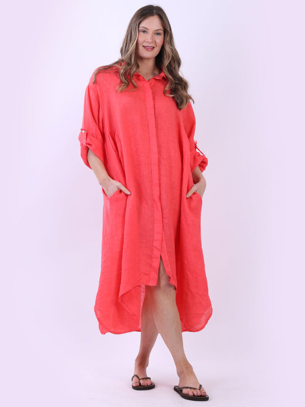 Women Collared Solid Linen Shirt Dress