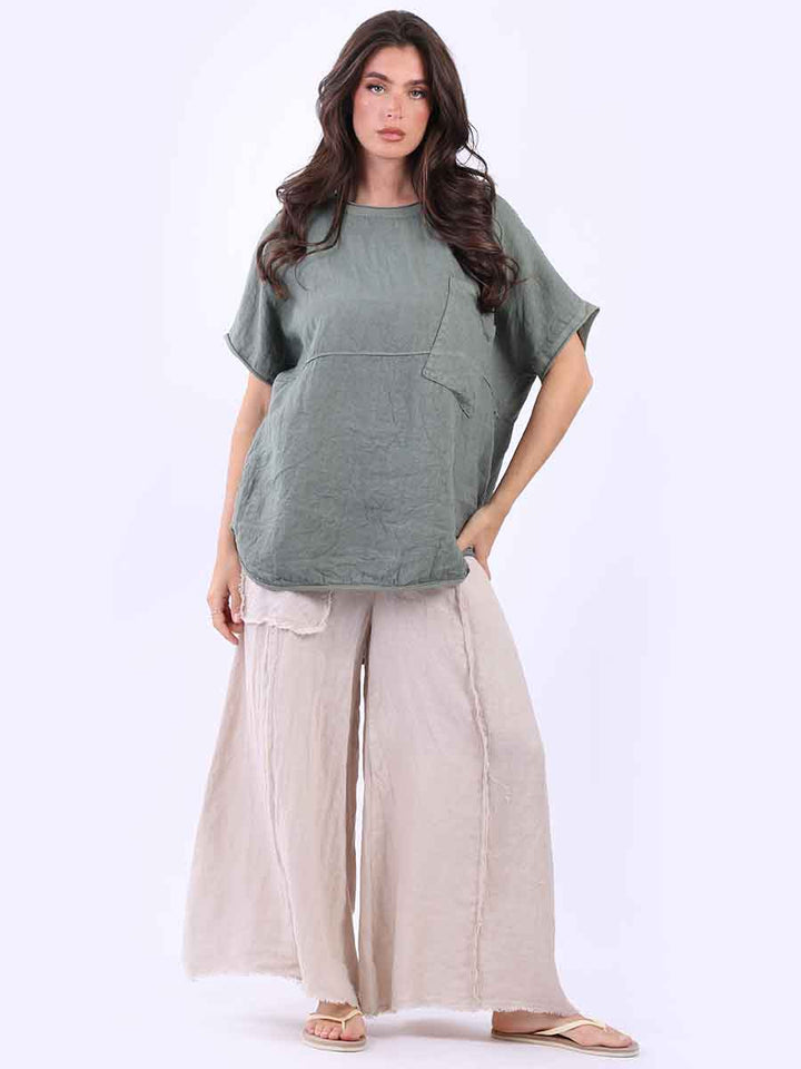 Plain Linen Top Khaki