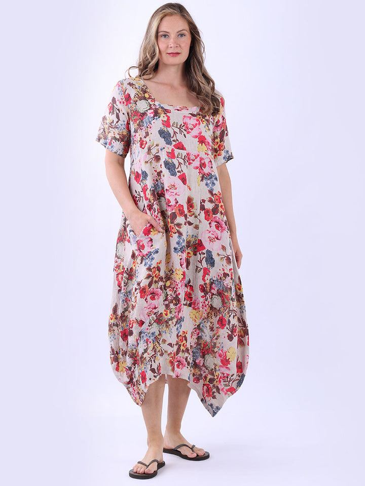 Floral Linen Dress Beige