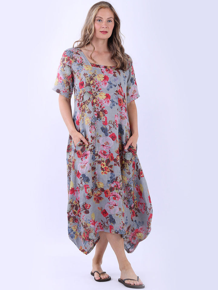 Floral Linen Dress Grey