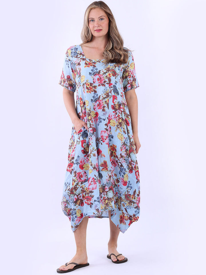 Floral Linen Dress Sky Blue