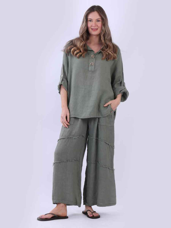 Women Solid Button Placket Linen Baggy Top