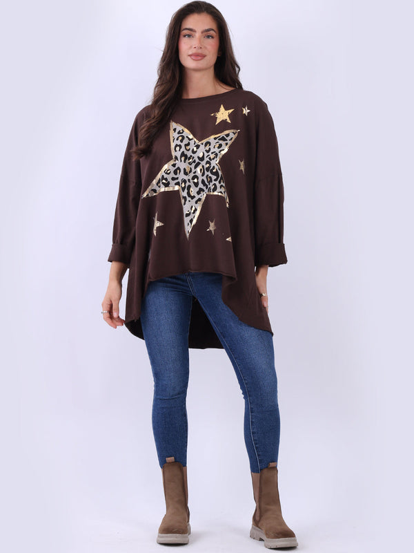 Leopard Foil Star Print Women Hi-Lo Baggy Top