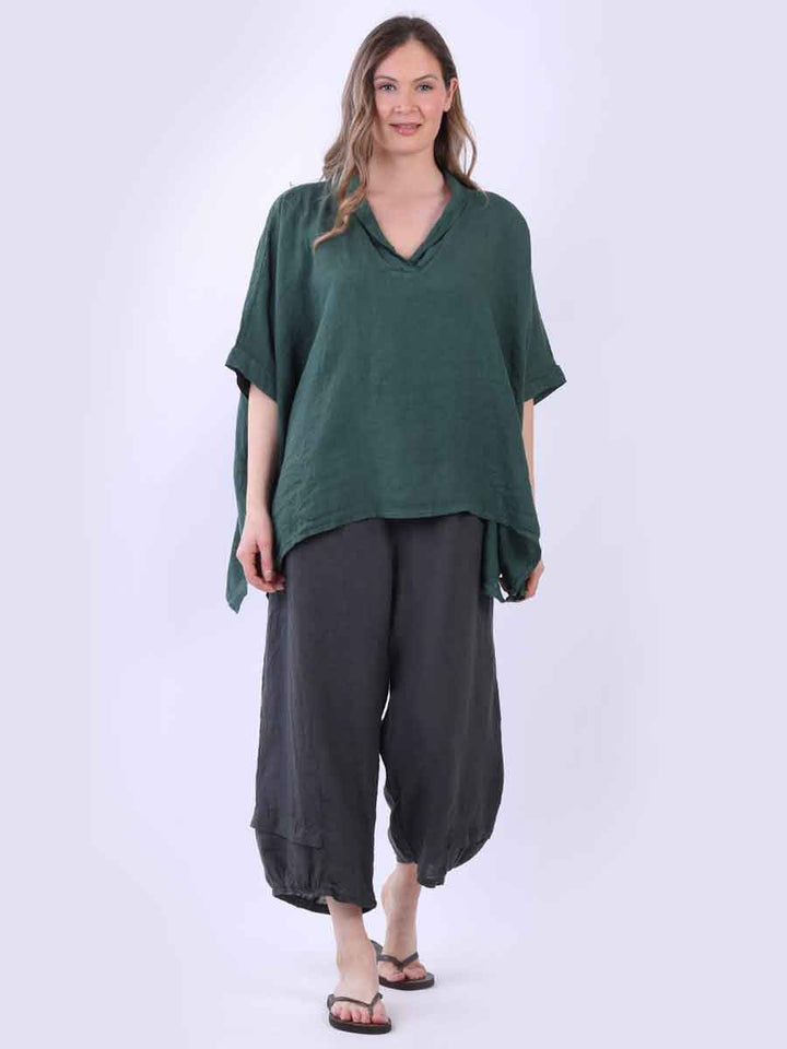 Linen Lagenlook Top  Bottle Green