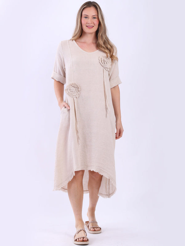 Oversized Flower Applique Raw Edges Linen Midi Dress