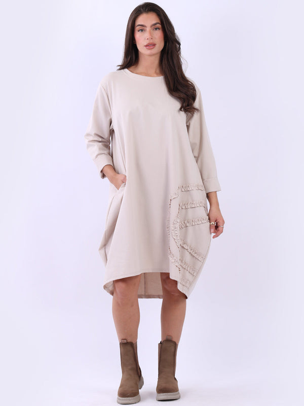 Oversized Solid Ruffle Trim Lagenlook Midi Dress
