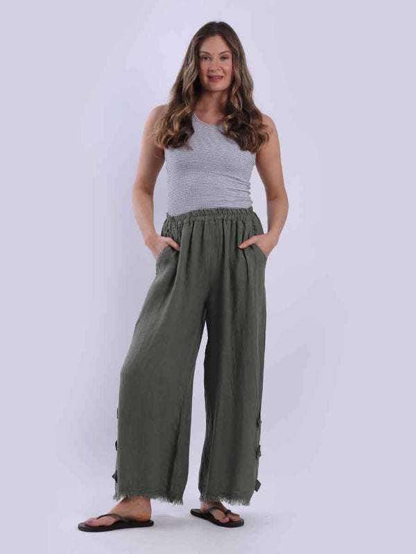 Straight Leg Frayed Hem Plain Linen Trouser