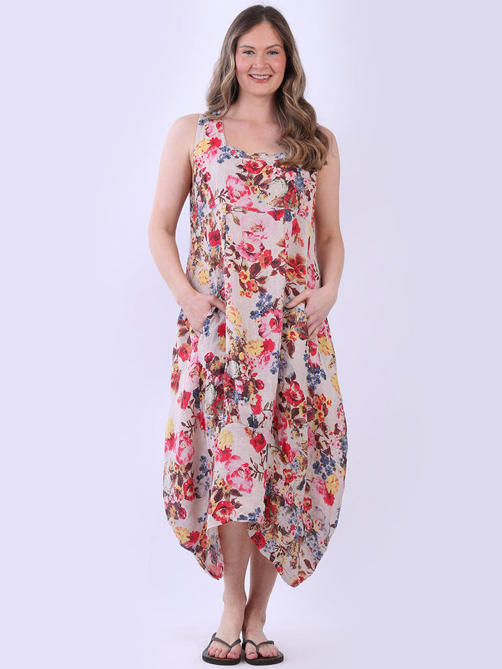 Sleeveless Floral Dress Beige
