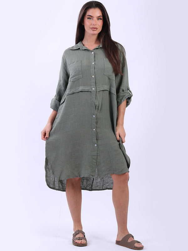 Solid Sequin Back Linen Collared Shirt Dress