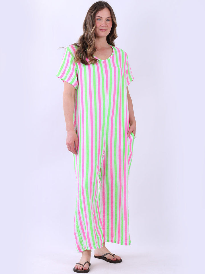 Cotton Stripy Jumpsuit Fuchsia