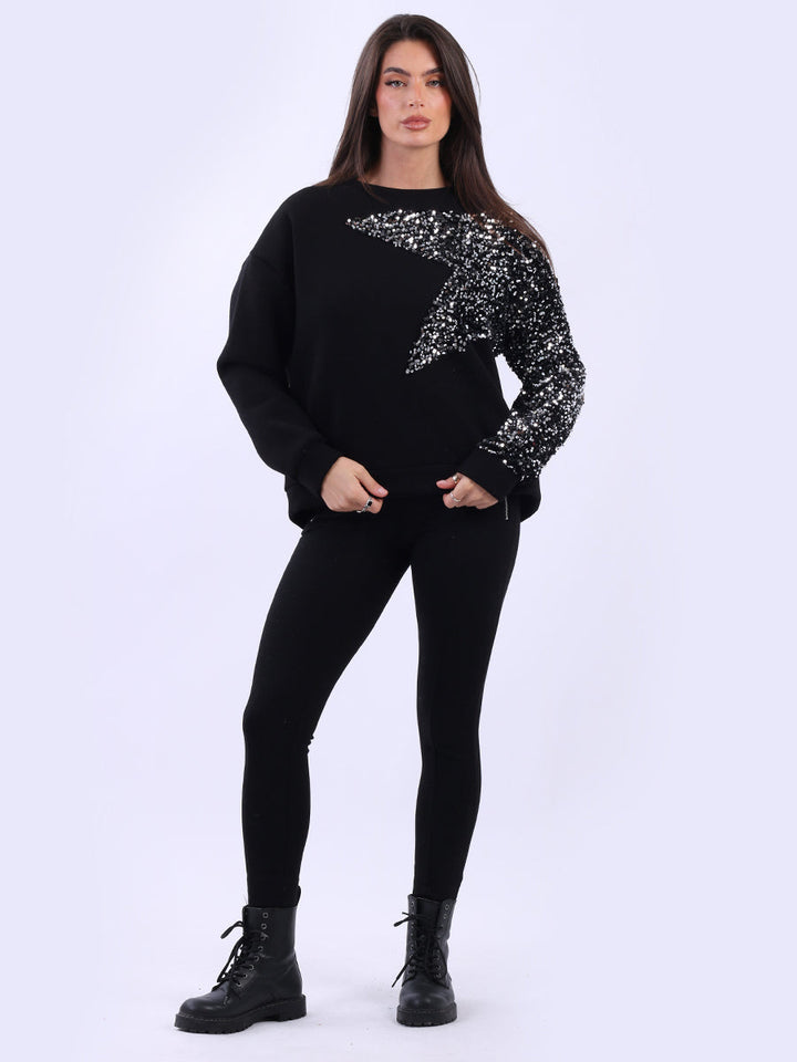 Sequin Star Arm Baggy Fleece Crop Sweat Top