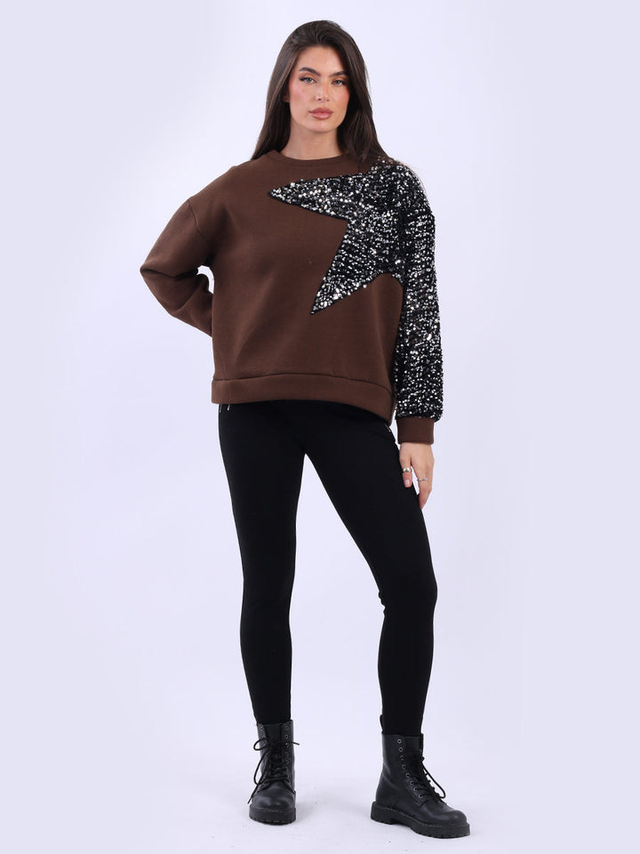 Sequin Star Arm Baggy Fleece Crop Sweat Top