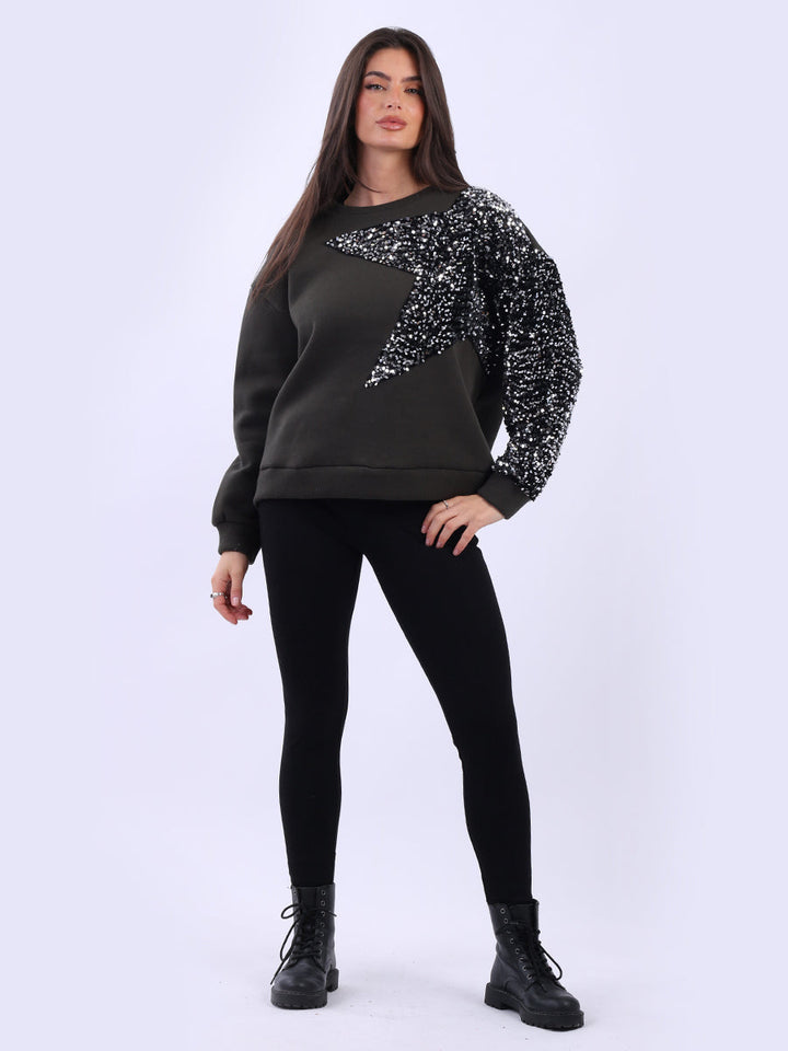 Sequin Star Arm Baggy Fleece Crop Sweat Top