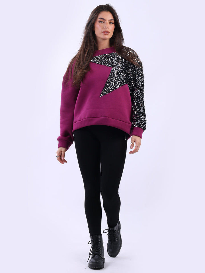 Sequin Star Arm Baggy Fleece Crop Sweat Top