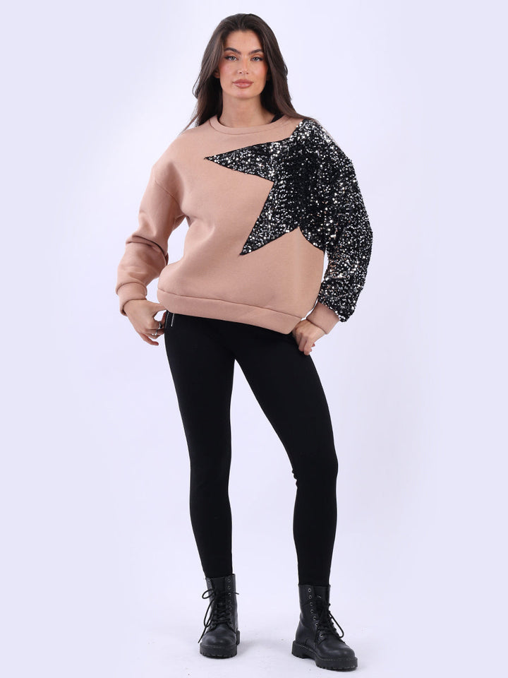 Sequin Star Arm Baggy Fleece Crop Sweat Top