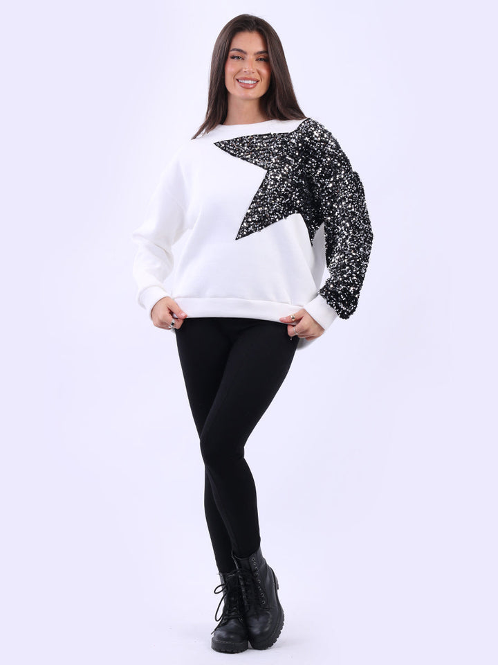 Sequin Star Arm Baggy Fleece Crop Sweat Top