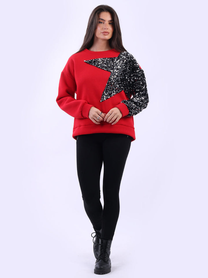 Sequin Star Arm Baggy Fleece Sweat Top