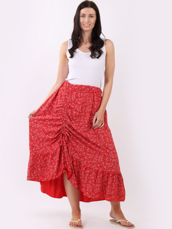 Ladies Ditsy Floral Print Gathered Front Frilled Hem Classy Skirt