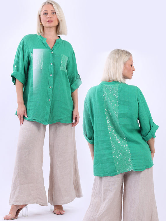 Italian Button Down Sequin Linen Shirt Top