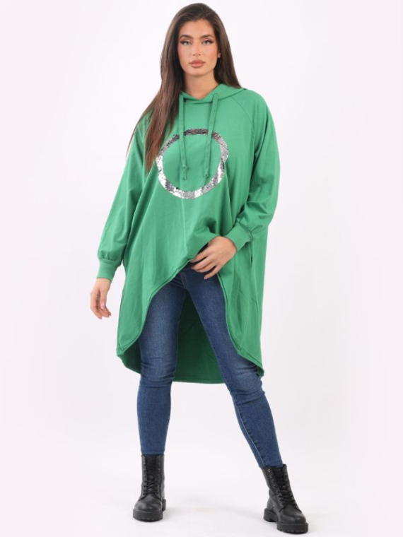Wholesale Made In Italy Cotton Lagenlook Dip Hem Sequin Circle Hoodie Dress