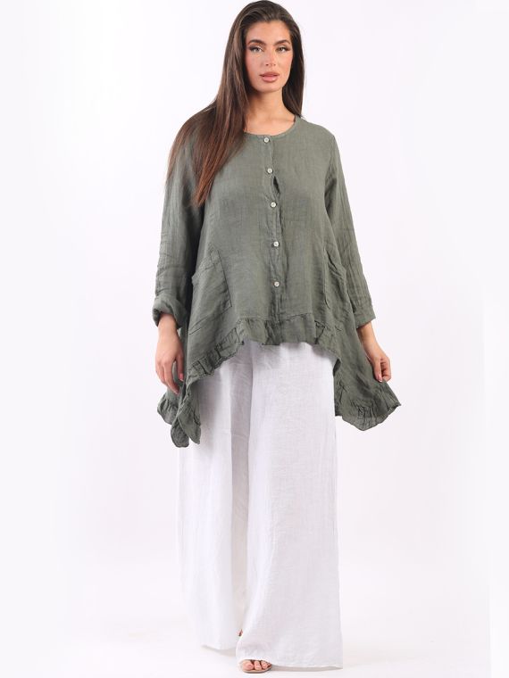 Wholesale Made In Italy Front Button Linen Lagenlook Ruffle Top
