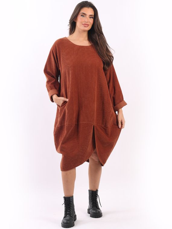 Wholesale Ladies Plain Cotton Lagenlook Corduroy Cocoon Midi Dress
