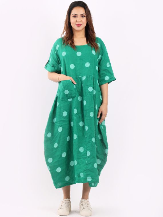 Polka Dot Print Button Up Sleeves Lagenlook Slouchy Dress