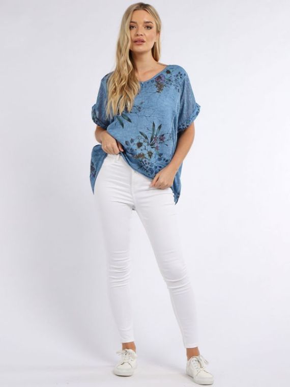 Floral Vintage Wash Crop Lagenlook Linen Top