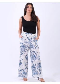 Made In Italy Wide Leg Print Linen Trouser
