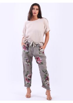 Italian Ladies Linen Floral Print Trouser