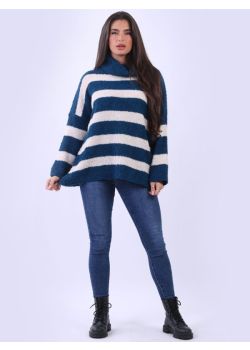 Made In Italy Knit Cowl Neck Stripy Wool Jumper