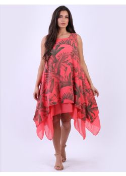 Made In Italy Leaf Print 2 Layered Linen Midi Tank Dress