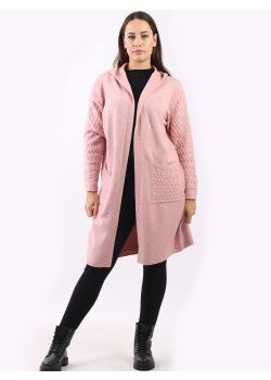 Italian Cable Knitted Arms And Pockets Open Front Hoodie Cardigan