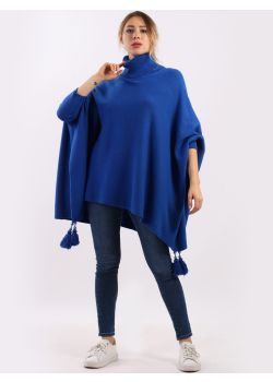 Made In Italy Tassels Cowl Neck Tunic Batwing Poncho