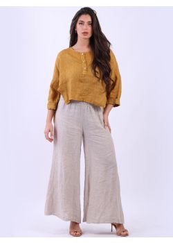 Made In Italy Dipped Hem Button Placket Linen Crop Top