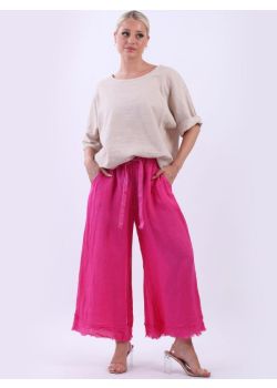 Made In Italy Wide Leg Raw Edges Ladies Linen Trouser