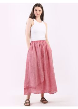 Italian Ladies Plain Vintage Wash Linen Overlap Midi Skirt